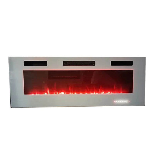 50-inch built-in wall fireplace with white glass panel and LED flame effect
