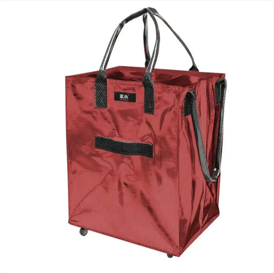 Red durable woven fabric folding shopping cart with handles and wheels for groceries and everyday use