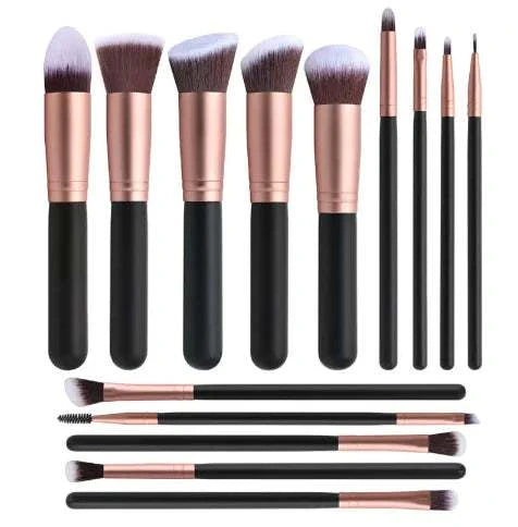 14-piece wood handle makeup brush set with synthetic hair and rose gold ferrules for face and eye makeup application