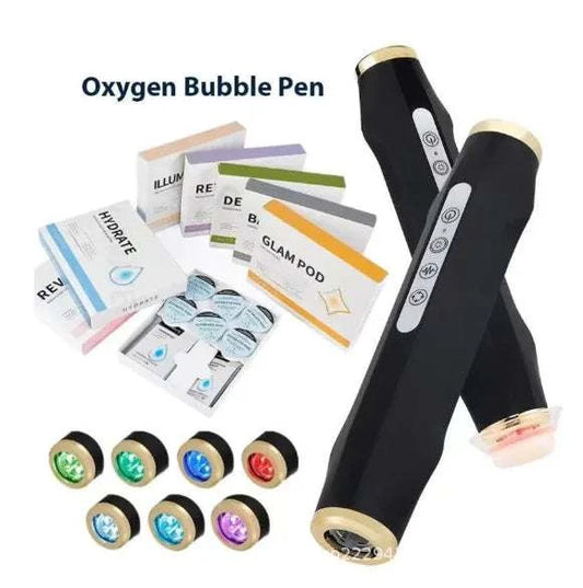 Home Facial Care Device with oxygen bubble pen, LED light therapy, and skincare product set for rejuvenating facial treatment at home