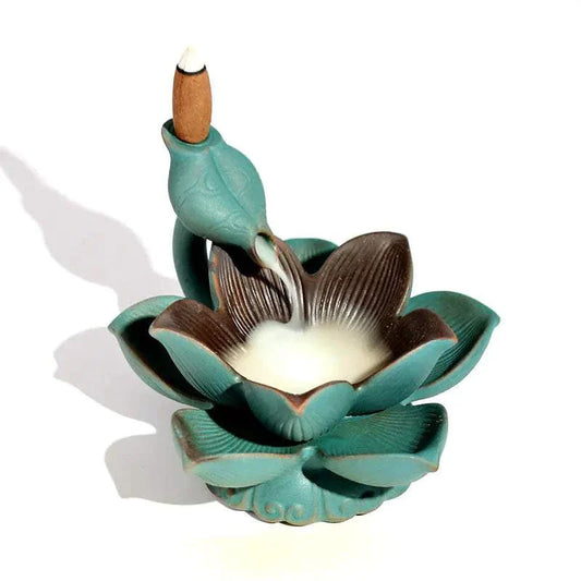 Creative backflow incense burner ceramic lotus flower design releasing smoke cascade effect