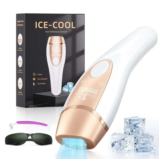 IPL laser hair removal device with ice cooling, 999900+ flashes, 9 energy levels, and dual flash modes for painless at-home hair removal.