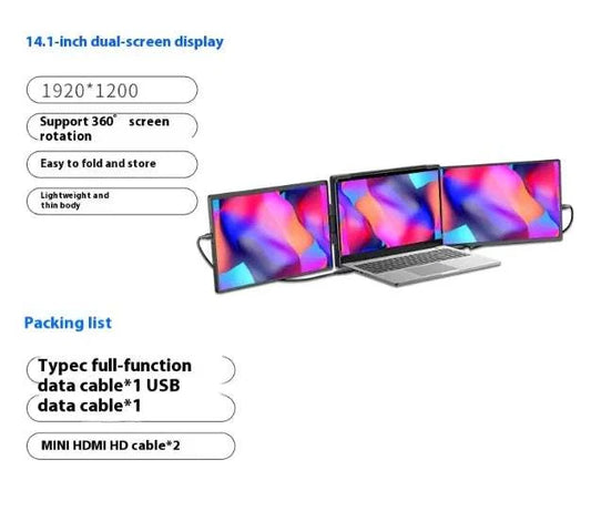 Flex View 14.1” Dual-Screen portable monitor with 1920x1200 resolution, IPS panel, and 360° screen rotation connected to laptop for extended display.